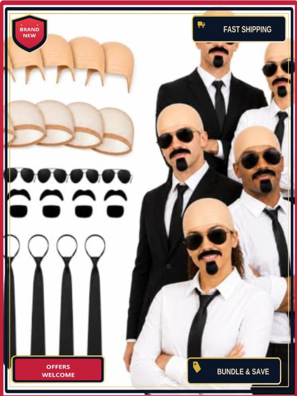 Bald Cap Costume Kit 5 Sets Wig Caps Aviator Glasses Mustaches Ties Cosplay